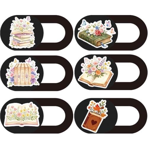 6Pcs 6 Styles Laptop Camera Cover Slide Flowers Books Design 0.03 Inch Ultra Thin Webcam Privacy Cover for Mini PC Phone Desktop Tablets Plastic Durable Privacy Protectors for Home Use - color: Book