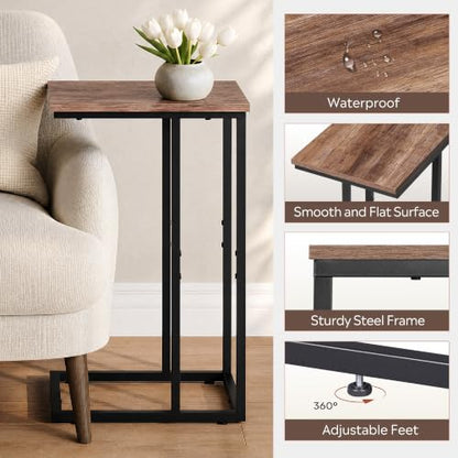 WLIVE C Shaped End Table, Small Side Tables for Sofa and Bed, Couch Table that Slides Under for Living Room, Bedroom, Home Office, Small Spaces - color: Brown