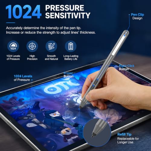 Active Pen for HP Omnibook Envy x360 Spectre Pavilion, Palm Rejection | 1024 Pressure Levels, 300-Day Battery, Dual Side Button, No Bluetooth, MPP 1.51 for Drawing & Note-taking - color: Gray