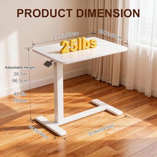 Overbed Table with Pneumatic Height Adjustment, Hidden Casters Rolling Bedside Table, Hospital Bed Table Mobile Laptop Standing Desk for Hospital Home Use, White