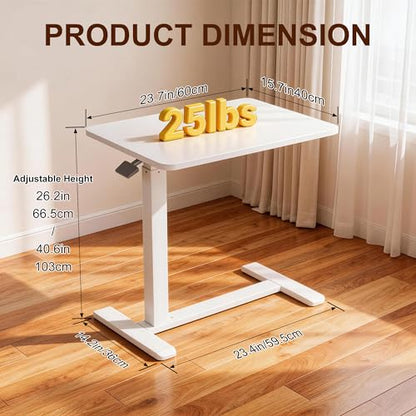 Overbed Table with Pneumatic Height Adjustment, Hidden Casters Rolling Bedside Table, Hospital Bed Table Mobile Laptop Standing Desk for Hospital Home Use, White
