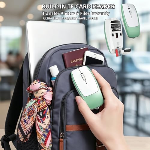 Wireless Mouse Mini Small Finger Bluetooth Mouse with TF Card Reader,Silent Pocket Portable Handheld Tiny Compact USB Travel Optical Mice for PC Laptop Computer Macbook Tablet Kids Women Men Gift - color: Green