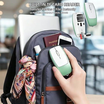 Wireless Mouse Mini Small Finger Bluetooth Mouse with TF Card Reader,Silent Pocket Portable Handheld Tiny Compact USB Travel Optical Mice for PC Laptop Computer Macbook Tablet Kids Women Men Gift - color: Green