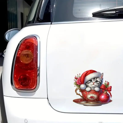 Merry Christmas Cat Ball Hat PVC Vinyl Car Decals Stickers Waterproof Self-Adhesive Decals for Cars, Laptops, Trucks, Motorcycles Wall Window Luggage Scratch Cover Door Decor Sticker