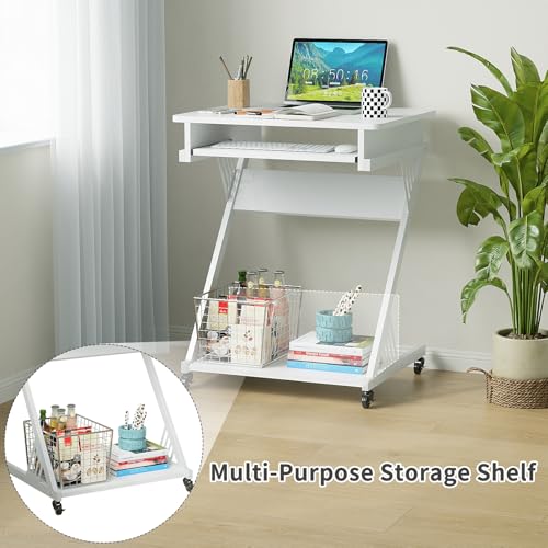 ALISENED Computer Desk for Small Spaces Compact Desk with Keyboard Tray | 23.6" Z-Shaped, with Wheels and Bottom Shelves, for Home Office, Computer Cart Mobile Laptop Cart, White - color: White