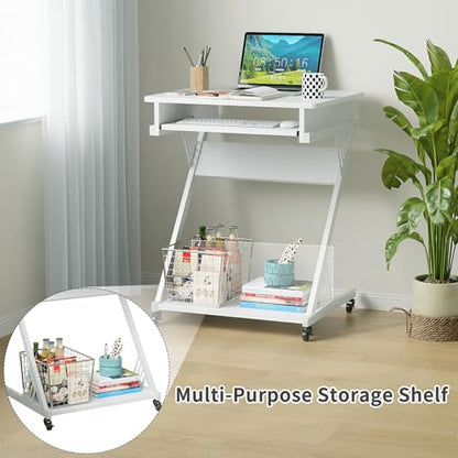 ALISENED Computer Desk for Small Spaces Compact Desk with Keyboard Tray | 23.6" Z-Shaped, with Wheels and Bottom Shelves, for Home Office, Computer Cart Mobile Laptop Cart, White - color: White