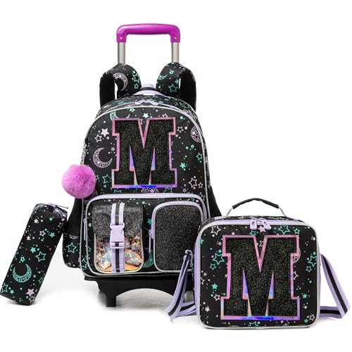 HTgroce Cute Rolling Backpack with Wheel,School Backpack for Kids Girl Roller Schoolbag Wheeled Backpacks Set Carry-on Luggage,Black M - color: Black, style: M