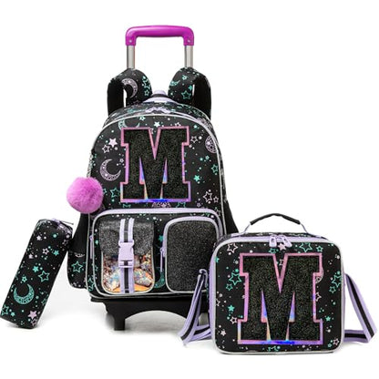HTgroce Cute Rolling Backpack with Wheel,School Backpack for Kids Girl Roller Schoolbag Wheeled Backpacks Set Carry-on Luggage,Black M - color: Black, style: M