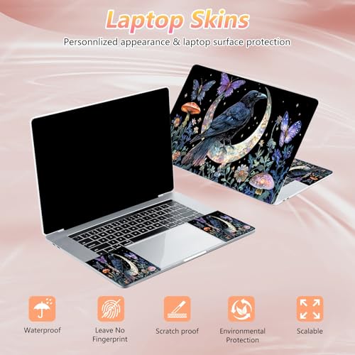 Laptop Skin Sticker Decal 12" 13" 13.3" 14" 15" 15.6",Waterproof Scratch Resistant Vinyl,Reusable Easy to Apply,for MacBook HP Dell Notebooks Netbooks Laptop,2 Wrist Pads,Crow Moon Flower - color: Crow Moon Flower