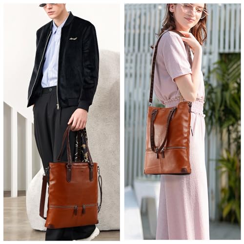 Lassviin Laptop Tote Bag, Leather Work Tote for Computer Bag Waterproof Lightweight Shoulder Bag Purse Handbag Crossbody Bag - color: Brown - Large