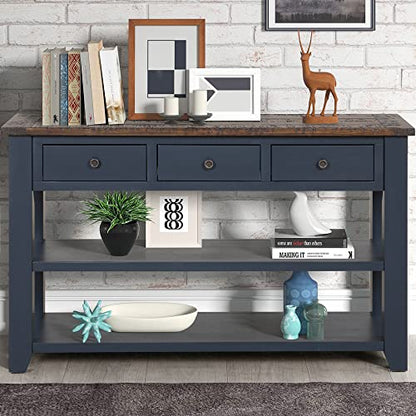 48’’ Modern Farmhouse Wood Entryway Console Table with Storage (Blue) | 3-Tier Sofa Table Behind Couch, 3 Drawers, 2 Open Shelves, Easy Assembly, for Living Room, Foyer, Hallway - color: Blue -1