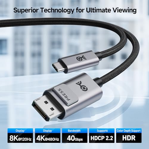 Cable Matters 40Gbps Bidirectional USB C to DisplayPort 2.1 Cable, 6ft/1.8m | DP40 (UHBR10), 8K@120Hz / 4K@480Hz, DisplayPort to USB C Cable, No Power Delivery - size: 6 Feet