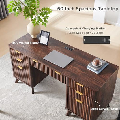T4TREAM Fluted Executive Desk with Drawers, 60" Modern Home Office Computer Desk with Charging Station, File Cabinet, Keyboard Tray and Storage Cabinet for Study, Living Room, Bedroom, Dark Walnut - color: Walnut