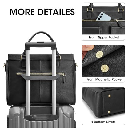 Kattee Leather Briefcase for Women, 15 Inches Laptop Bag, Work Tote with Luggage/Shoulder Strap - color: Black
