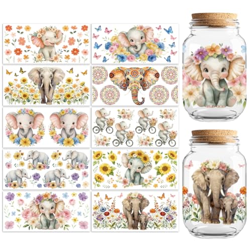 Peacoblue UV DTF Cup Wraps Transfer Stickers Elephant Pattern, 10 Sheets Waterproof Custom Vinyl Transfer Sticker 16oz Coffee Glass Cup Tumbler Bottle Mug Decals for Men Women - style: Elephant