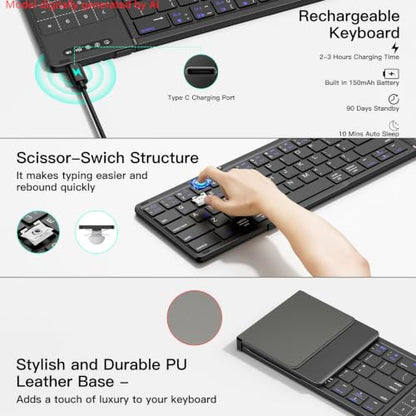Foldable Bluetooth Keyboard with Touchpad Numpad Multi-Device Rechargeable | 2-in-1 Folding Keyboard with Trackpad & Number Pad Portable Travel Keyboard for iPad,Laptop,PC Windows,iOS,Android,MacOS