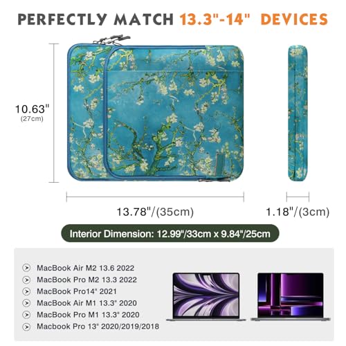 MoKo 13.3-14 Inch Laptop Sleeve Bag Carrying Case with Accessory Pocket | Fits MacBook Pro 14-inch M3/M2, MacBook Pro 13-inch M2/M1, MacBook Air 13.6-inch M2 and Surface Pro 9/8, Apricot Flower - color: Apricot Flower, size: 13.3-14 Inch
