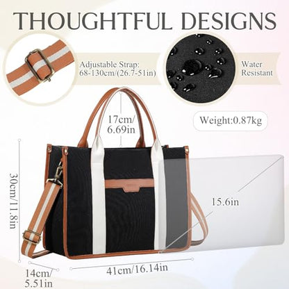 RAVUO Laptop Tote Bag Women, Water Resistant 15.6 Inch Large Canvas Handbag Business Briefcase With Detachable Shoulder Strap - color: Black