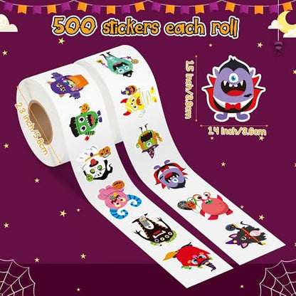 Haooryx Halloween Monster Sticker Rolls - 1000Pcs Ghost Pumpkin Frankenstein Monster Stickers Waterproof Vinyl Self-Adhesive Water Bottle Page Activity Pad Halloween Junk Journal Scrapbooking Supplies - style: Halloween Monster 2Roll