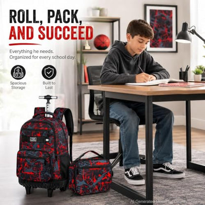 3Pcs Rolling Backpack for Boys, 19 Inche Adults Roller Bag with Wheels, Graffiti Wheeled Bookbag Set for Men(Red) - color: Graffiti Red
