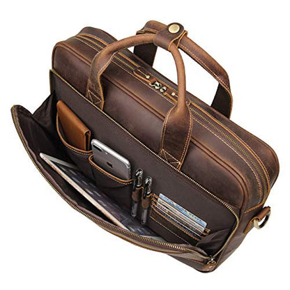 Augus Leather Briefcase for Men, 16 Inch, Full-Grain Leather, YKK Zipper - color: Coffee