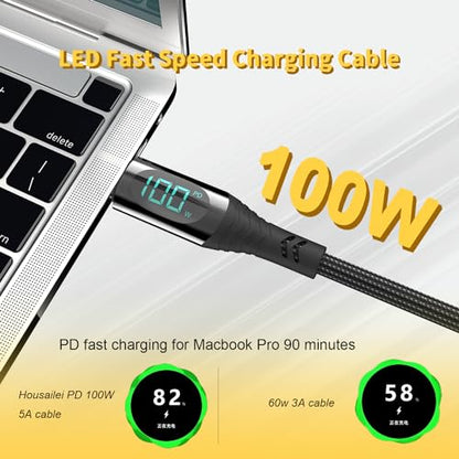 100W USB-C Cable[2-Pack,4FT/6.6FT],Type C Super Fast Charging with LED Display,USB C Charging Cable 480Mbps Data Nylon Braided Compatible with Samsung Galaxy iPad MacBook Pixel