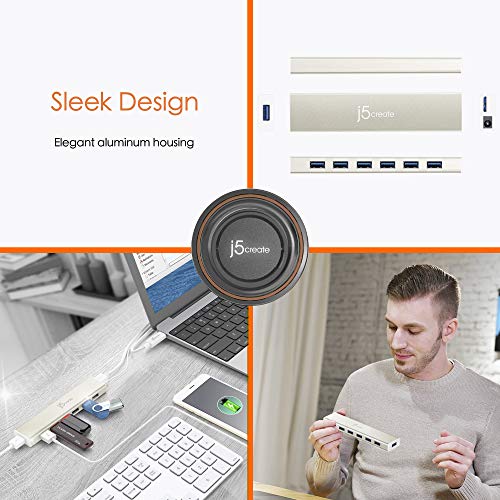j5create USB Type-C to 7-Port USB 3.0 Data Hub with 3 ft Extended Cable | 20W Power Adapter Included] for Mac, MacBook, Windows, Laptop, Surface, XPS, Chromebook, PC (JCH377)