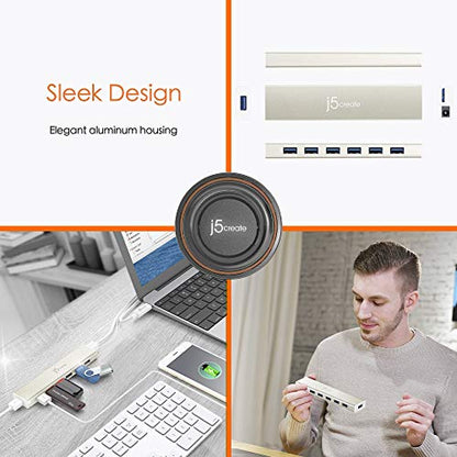 j5create USB Type-C to 7-Port USB 3.0 Data Hub with 3 ft Extended Cable | 20W Power Adapter Included] for Mac, MacBook, Windows, Laptop, Surface, XPS, Chromebook, PC (JCH377)