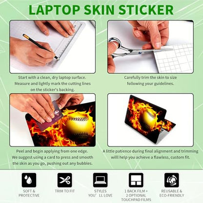 Laptop Skin Sticker Decal, Universal Protective Cover Fit 12 13 14 15.6 Inch Notebook, Reusable Water-Resistant Vinyl Decal w/ 2 Wrist Pads for Business Travel Office, Flame Baseball - color: Flame Baseball