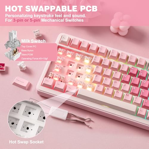 YUNZII B75 PRO Wireless Mechanical Gaming Keyboard | Custom 75% Layout with Knob,Gasket Mount,Hot Swap,Creamy Pre-lubed Switch,BT/USB-C/2.4G(Milk Switch,Pink) - color: Pink, size: Milk Switch