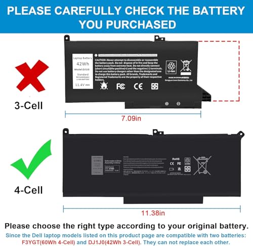 TREE.NB 60Wh F3YGT Replacement Laptop Battery for Dell Latitude 12 7000 7280 7290 13 7380 7390 P29S002 14 7480 7490 P73G002 E7480 E7280 E7290 DM3WC DM6WC 2X39G - size: 9.28x4x0.24inch E7280