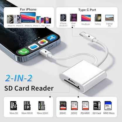 2IN2 SD Card Reader,USB C SD Card Reader for iPhone,USB-C/L Dual-Slot SD Card Reader,Compatible with iPhone 16/15/14/13/12,MacBook,Mac,Trail Camera viewers,Plug and Play - size: 2IN2 SD Card Reader