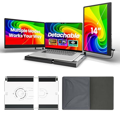 Laptop Screen Extender, 14" FHD 1080P Triple Portable Monitor for Laptops, Stretchable Base and Detachable Screen, Plug & Play, Monitor Extender for 13–17.3" Laptops, Compatible with Window/Mac/Chrome - size: 14" Triple Screen