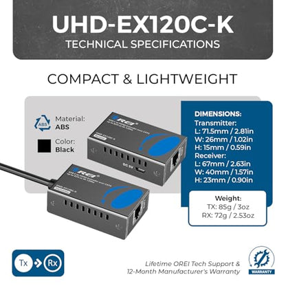 OREI 4K 120Hz USB-C to HDMI Over Cat6/7 Ethernet Extender, 4K, Up to 80ft with HDR & Audio Over Ethernet - Perfect for Extending Your Laptop, Presentation, Meeting Rooms