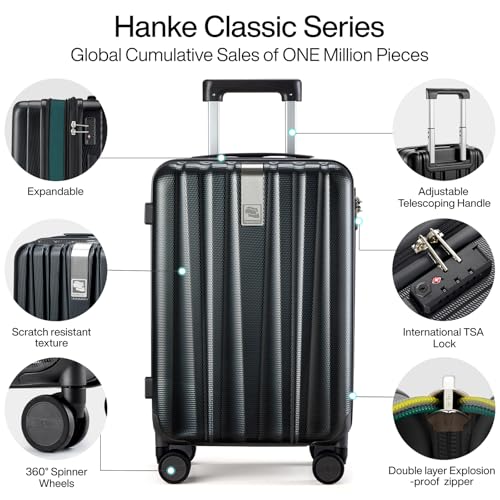 Hanke 24 Inch Expandable Checked Luggage Lightweight PC Hard Shell luggage Suitcases with Wheels Travel Luggage Rolling Large Suitcase Travel Luggage Bag for Go To University.(Jet Black) - color: Jet Black, size: Expandable 24 Inch