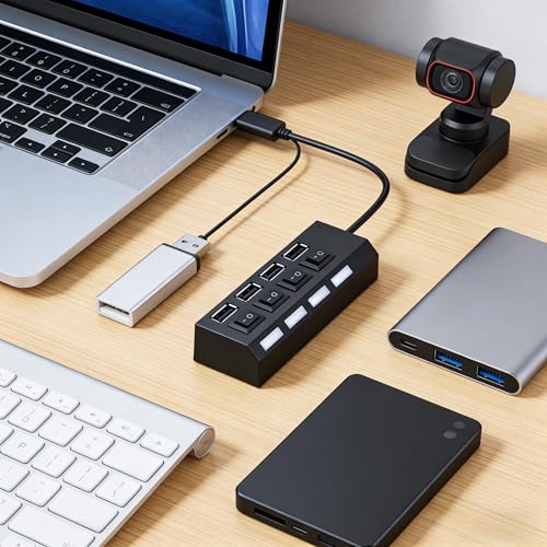 1Pcs 4-Port USB 2.0 Hub with Individual On/Off Switches, Portable USB Splitter Expander for PC Laptop Computer, Black