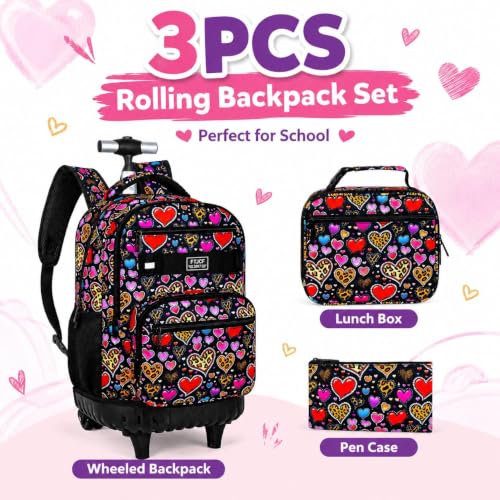 3Pcs Rolling Backpack for Girls, 19 Inche Women Roller Bag with Wheels for Adults, Wheeled Bookbag with Lunch Box(Brown) - color: Leopard Heart