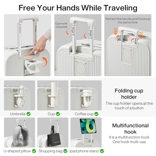 mixi Checked Luggage with Cup Phone Holder Hard Shell Rolling Travel Suitcase with Spinner Wheels,26 Inch Smoke White - color: Smoke White, size: 26-inch