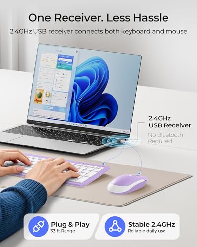 seenda Rechargeable Wireless Keyboard and Mouse Combo, Purple | Quiet, slim full-size keyboard with numpad, 2.4GHz USB receiver, USB-C charging, 3-level DPI mouse for Windows PCs/laptops - color: Purple
