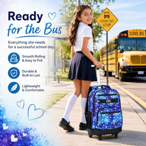 3Pcs Rolling Backpack for Girls, 19 Inche Women Roller Bag with Wheels for Adults, Wheeled Bookbag with Lunch Box(Blue) - color: Blue Love