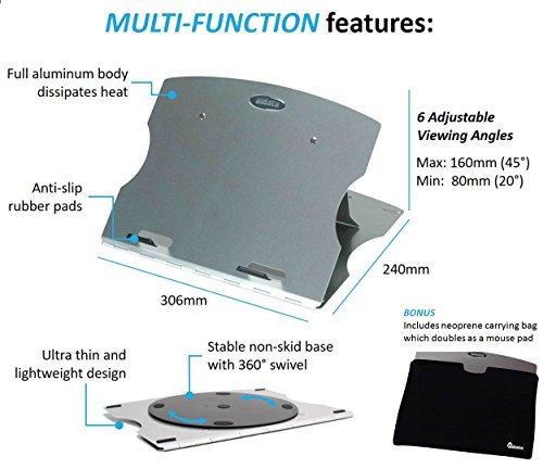 Aidata LHA-3 LAPstand Aluminum Portable Laptop Ultrastand, Silver, Adjustable Platform with 6 Viewing Angles, 20, 22.5, 25, 35, 40 and 45