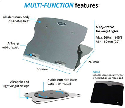 Aidata LHA-3 LAPstand Aluminum Portable Laptop Ultrastand, Silver, Adjustable Platform with 6 Viewing Angles, 20, 22.5, 25, 35, 40 and 45