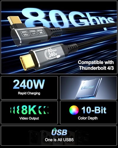 80Gbps Right Angle USB 4 Cable for Thunderbolt 5 Cable 6.6FT, 240W Charging, Up to 120Gbps Bandwidth for 16K/Dual 8K, Braided USB C to USB C Cable for Thunderbolt 4, Macbook Pro, iPhone 17, SSD