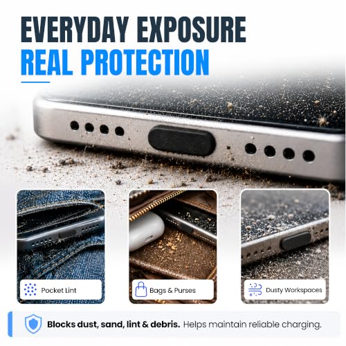 USB C Dust Plugs 10 Pack with Cleaning Brush, Charging Port Covers, Black | Helps block dust, lint and debris, helps support reliable charging, snug low profile fit, durable flexible construction - color: Black