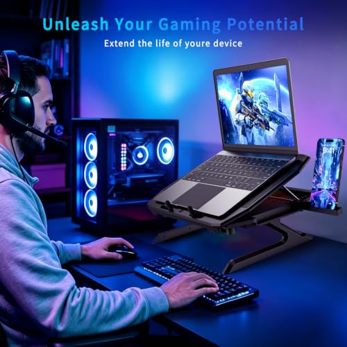 LP-2 Laptop Cooling Pad & Phone Holder, Dual-Mode Ergonomic Laptop Cooling Stand with 7 Adjustable Heights, 5 RGB High-Performance Quiet Laptop Fans, 2 USB Ports & 3 Speeds Laptop Cooler for 15–21Inch