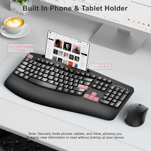 Wireless Keyboard and Mouse Combo, 2.4G Full Size Wave Keys Ergonomic Keyboard with Wrist Rest, Phone Holder, 3-Level DPI Wireless Silent Mouse with 6-Buttons, for Windows (Pink) - color: Pink