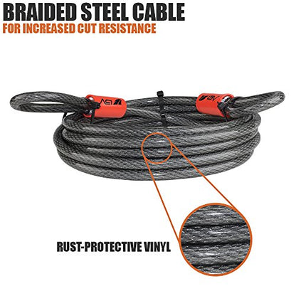 BV 4FT Heavy-Duty Security Cable Lock with Loops – Extra Thick 10mm (3/8") Braided Steel, Cut-Resistant & Weatherproof Wire Cable for Padlock, Gate, Bike, Motorcycle & Outdoor Equipment - color: Single, style: 4 FT