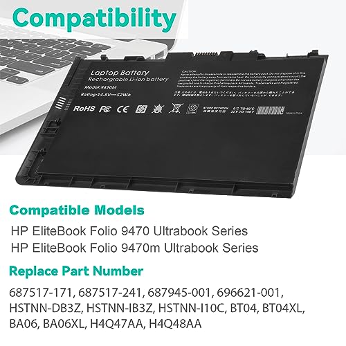 BT04XL 9470M Notebook Battery for HP EliteBook Folio 9470 9470M 9480m Ultrabook BT04 BA06 HSTNN-IB3Z HSTNN-I10C 687945-001 H4Q47AA 687517-241 HSTNN-DB3Z 687517-171 BA06XL H4Q48AA - 14.8V 52WH - size: 8.61*5.38*0.3inch 9470M