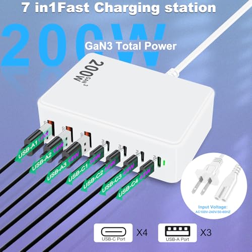 USB C Charger Station 200W PD QC3.0 GaN Fast Charging Block 7 Port (White) | Compatible with Laptop MacBook Pro/Air, iPad, iPhone 17/16/15 Pro/Air Mini, Galaxy S23/22, DELL, Steam Deck - color: white