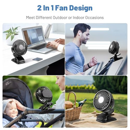 BDXXJ Portable Clip on Fan, 360° Rotate Battery Operated Stroller Fan, 3 Speed Quiet Mini Personal Table Fan, USB Rechargeable Clooing Fan for Outdoor Camping Golf Cart Stroller Home Office Black